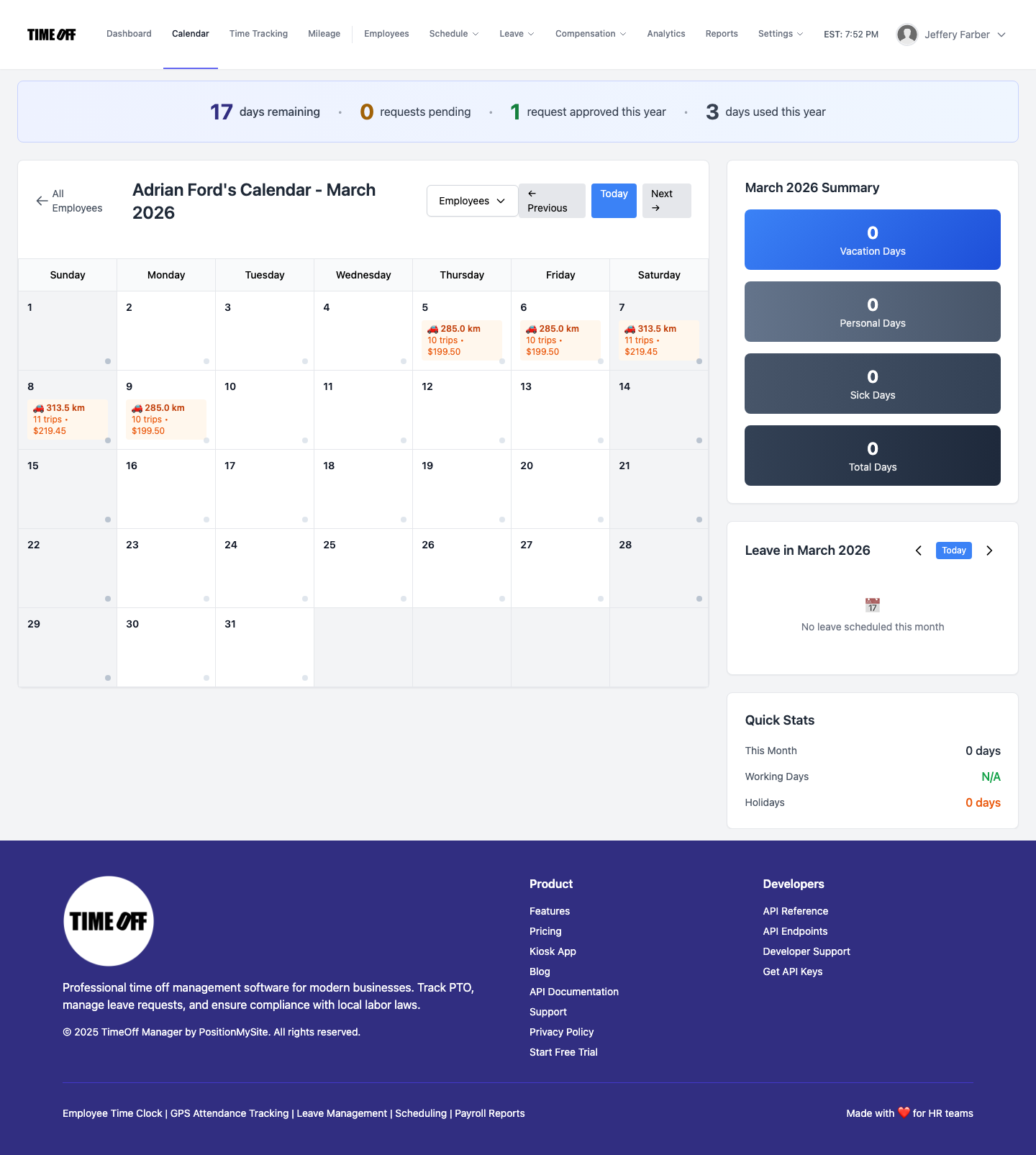 Employee month calendar showing approved time off and holidays in TimeOff Manager