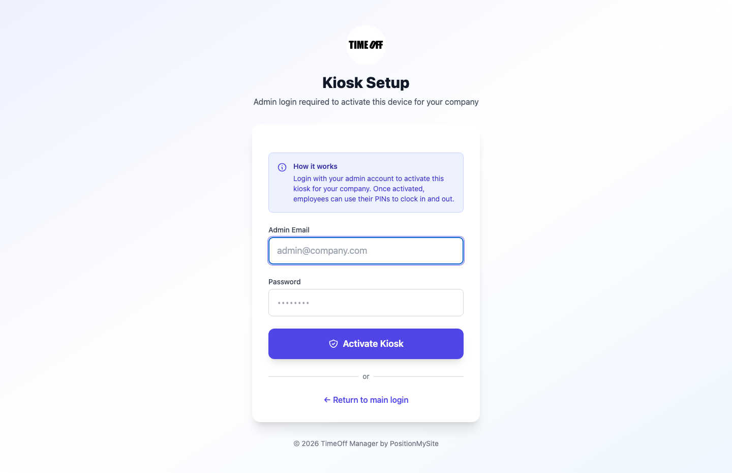 PIN kiosk interface for shared device clock-in.