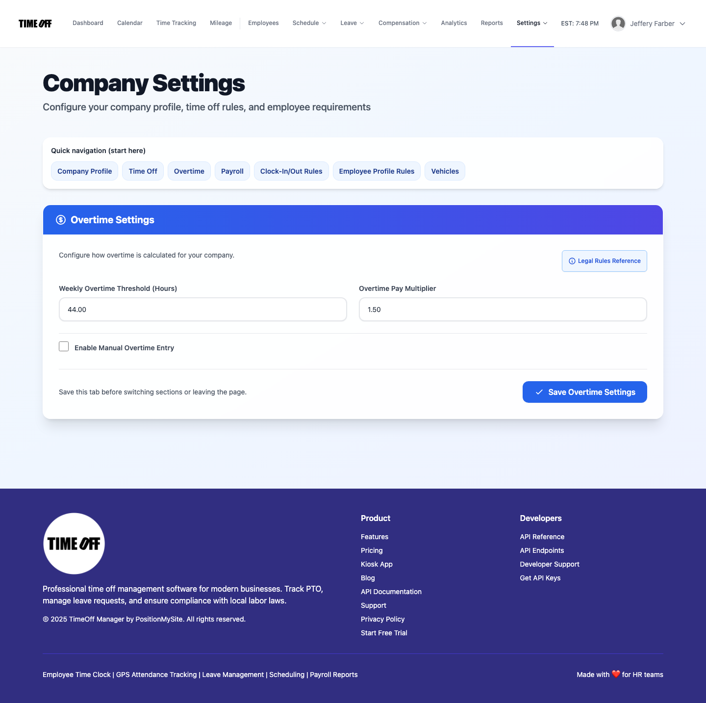 Overtime settings in Company Settings tab