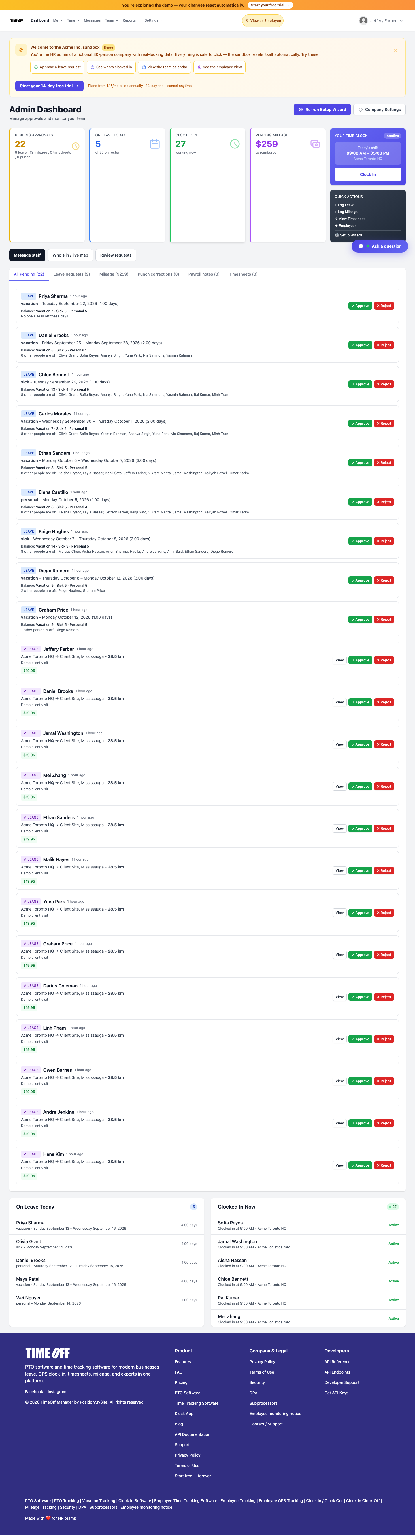 TimeOff Manager admin dashboard showing pending approvals, who's clocked in, and who's on leave