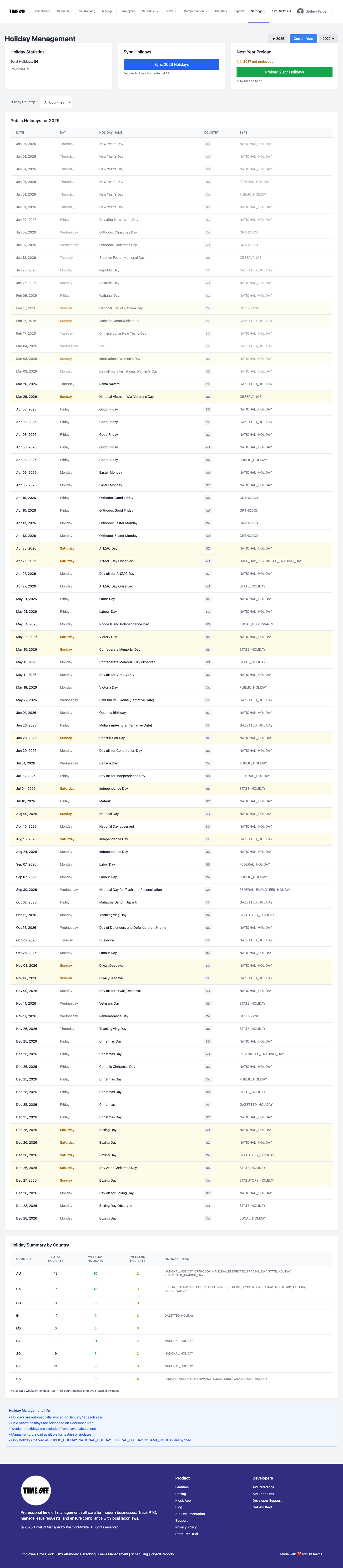 Holiday management admin view showing custom holiday lists