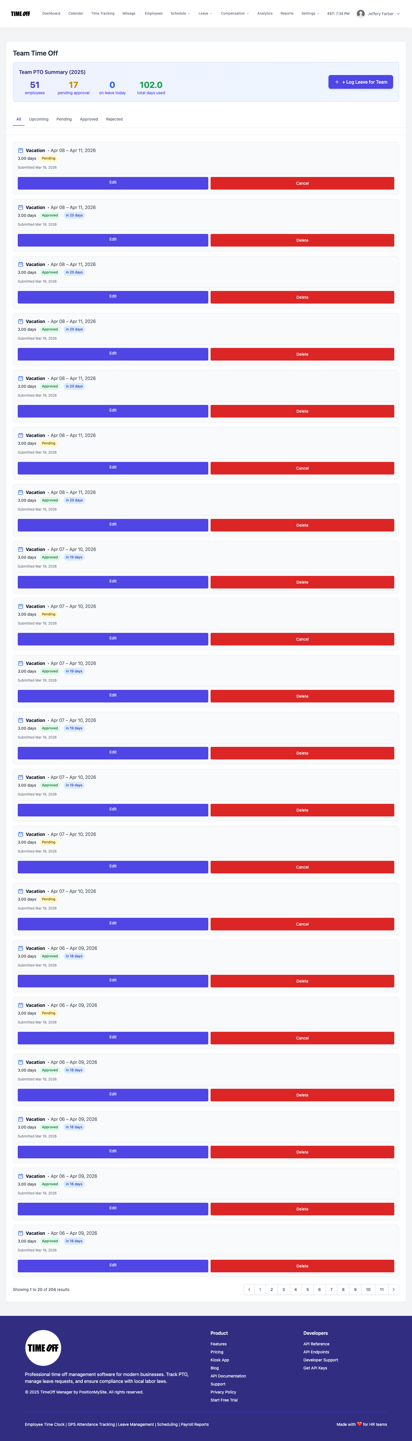 Employee leave requests list in TimeOff Manager