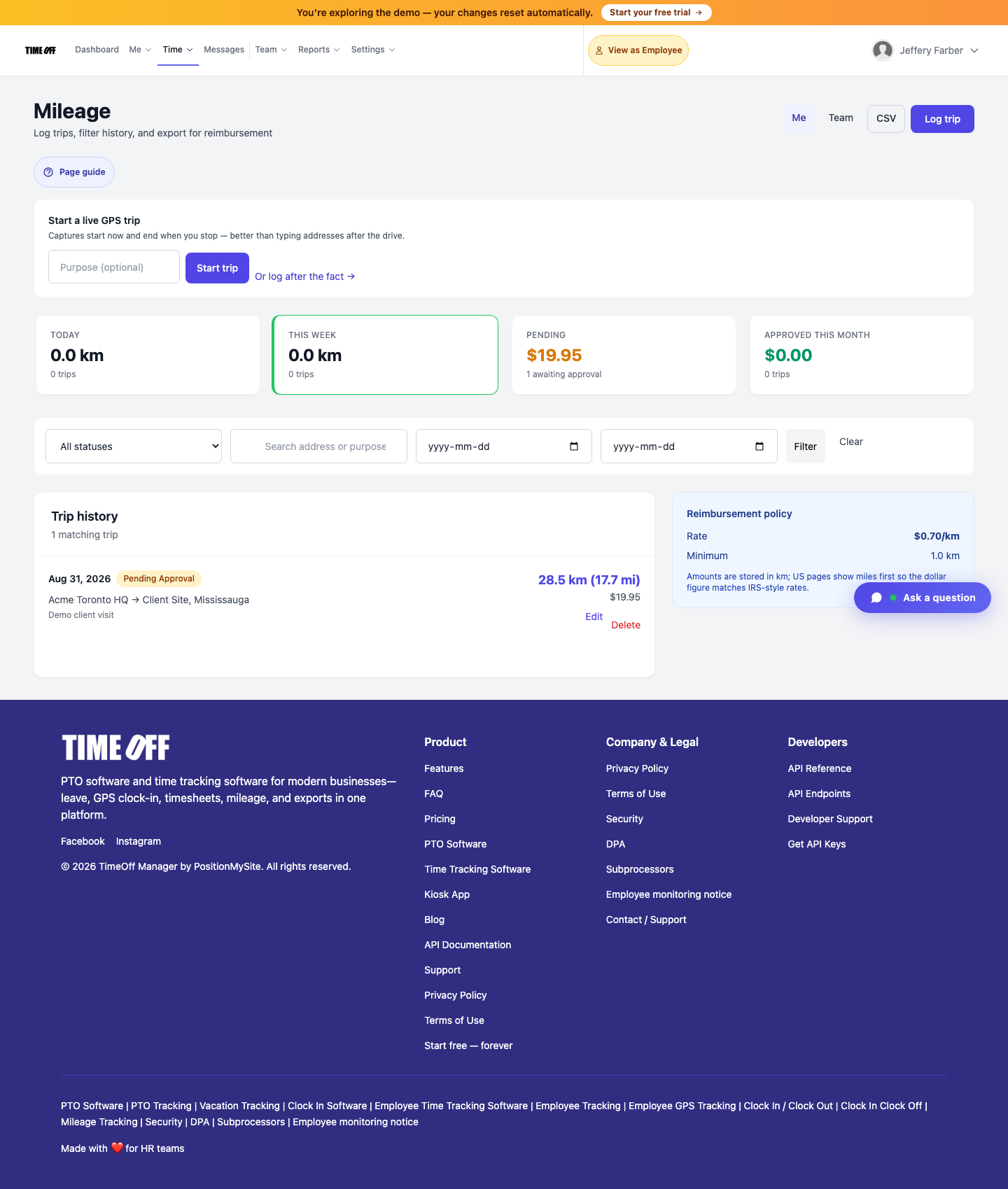 Employee mileage trips list in TimeOff Manager