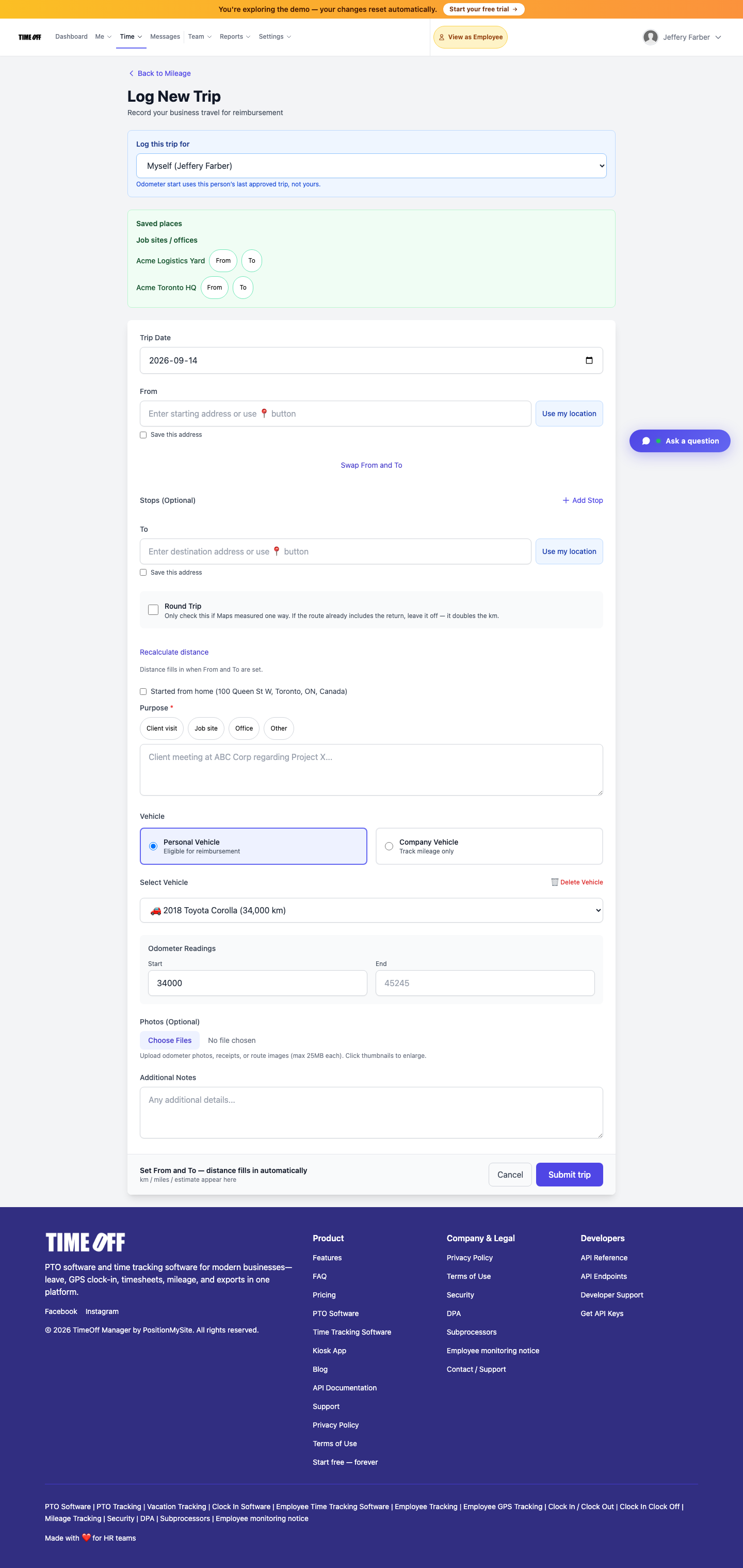 Mileage new trip form in TimeOff Manager with route, date and vehicle fields