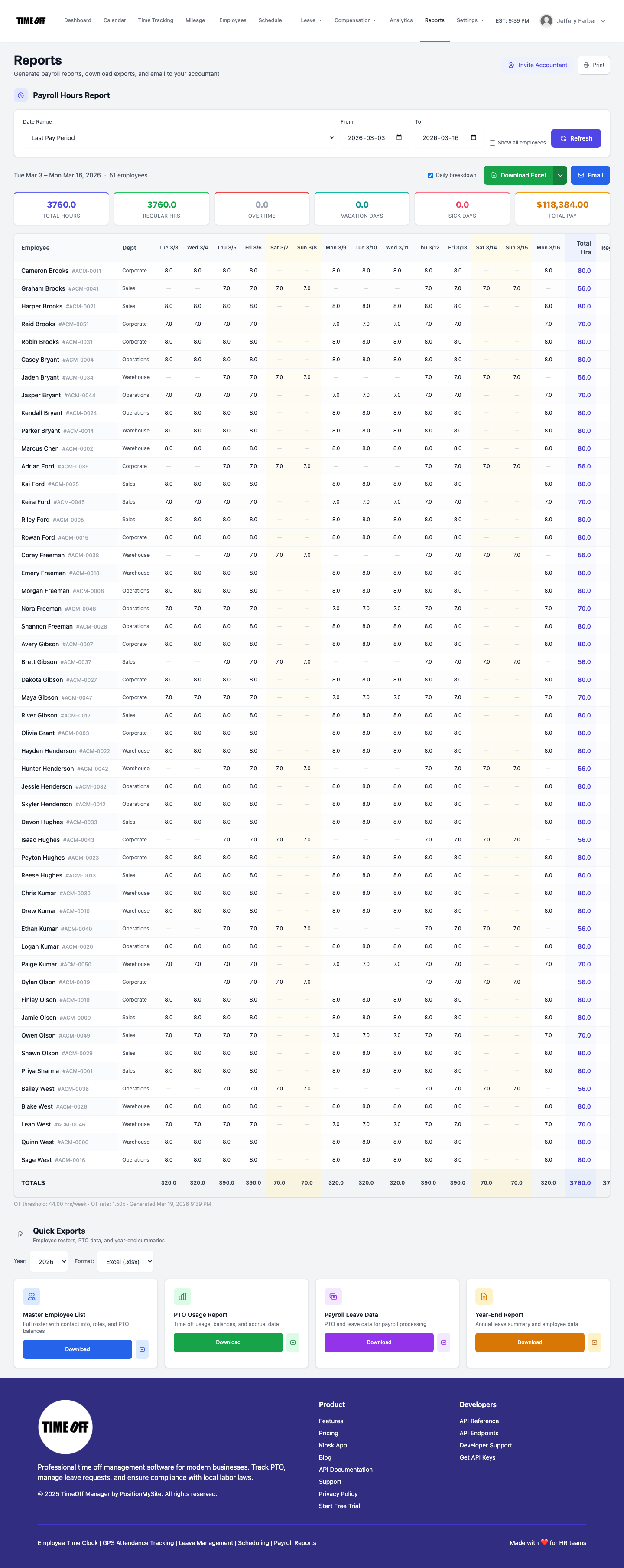 Screenshot of Reports & Exports in TimeOff Manager