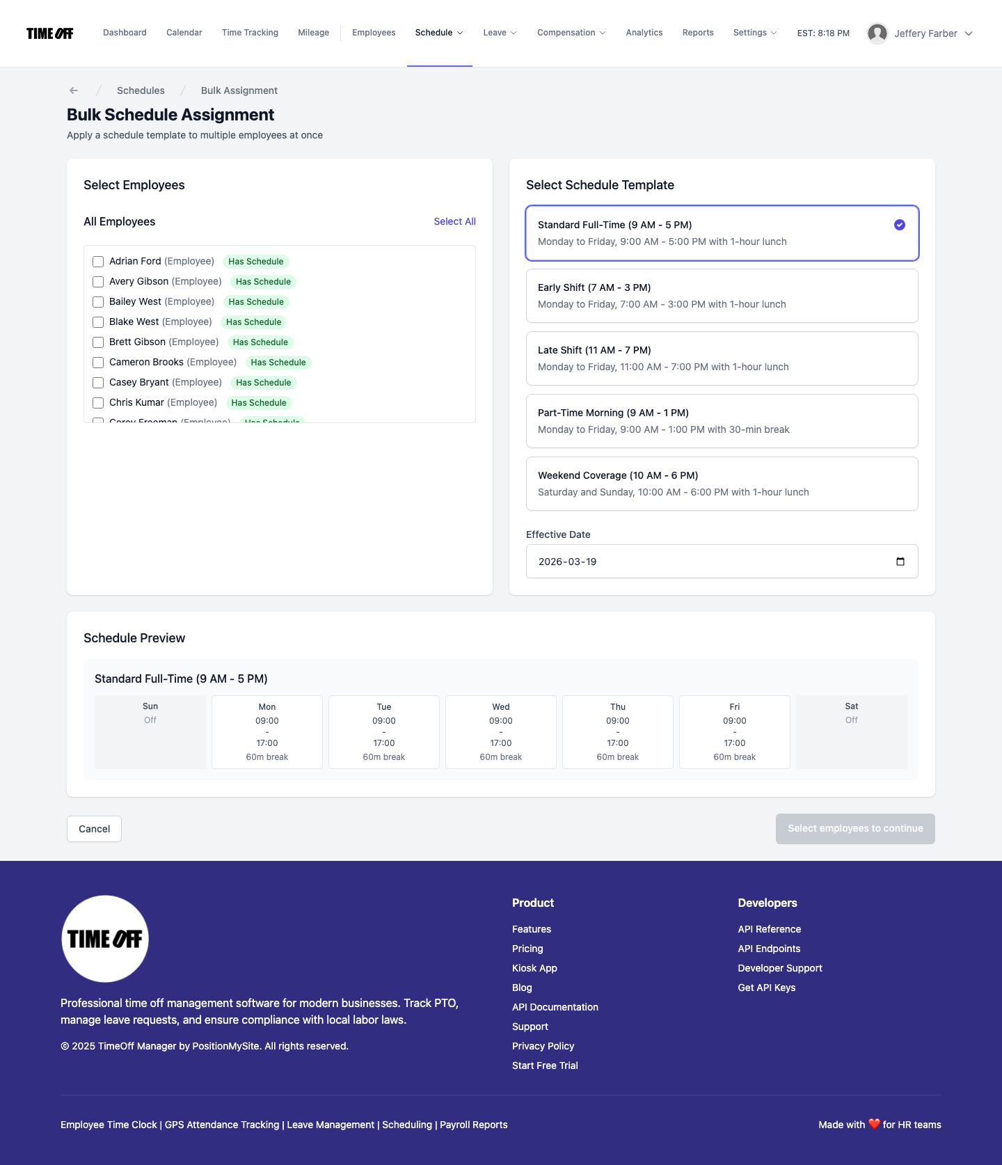 Bulk Schedule Assignment screen with employees selected and a shift template chosen