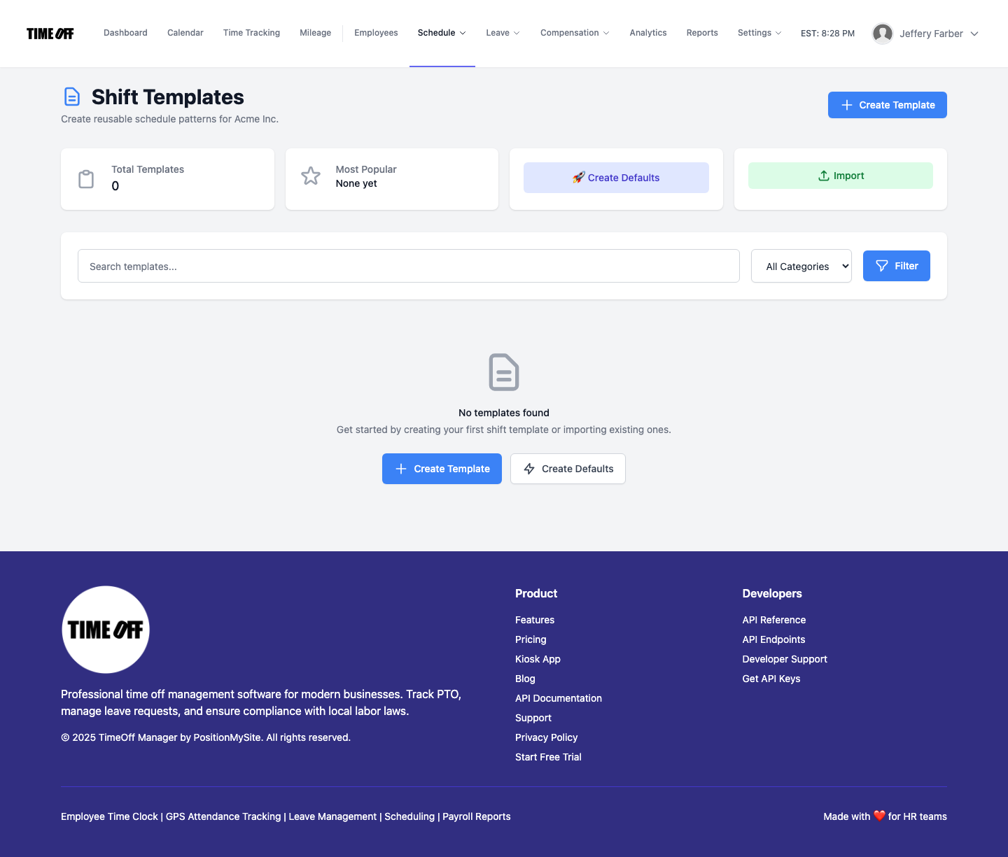 Shift Templates management page