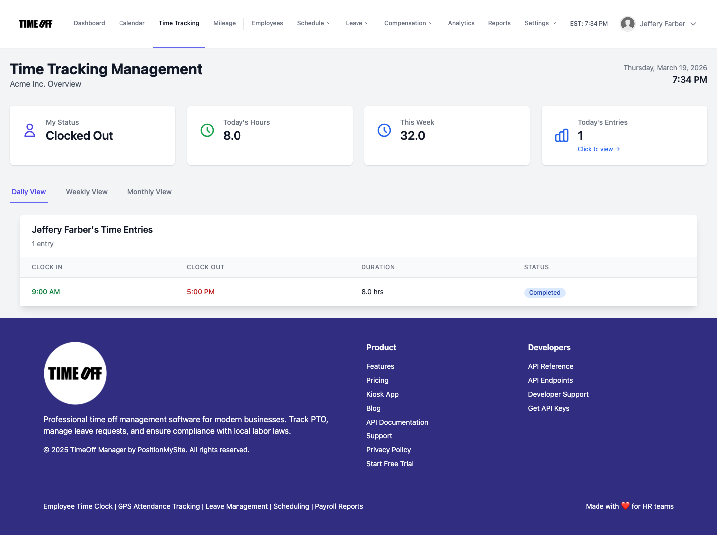 Employee timesheet view in TimeOff Manager showing clocked hours and leave
