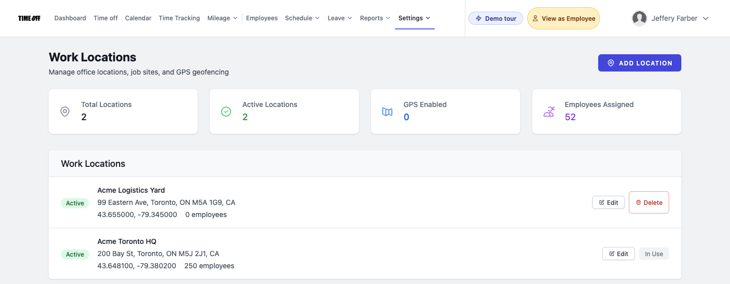 Admin Work Locations Management in TimeOff Manager