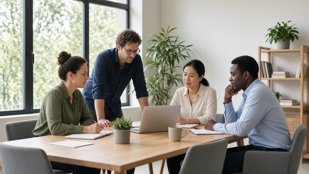 Four colleagues in a bright office reviewing the morning together