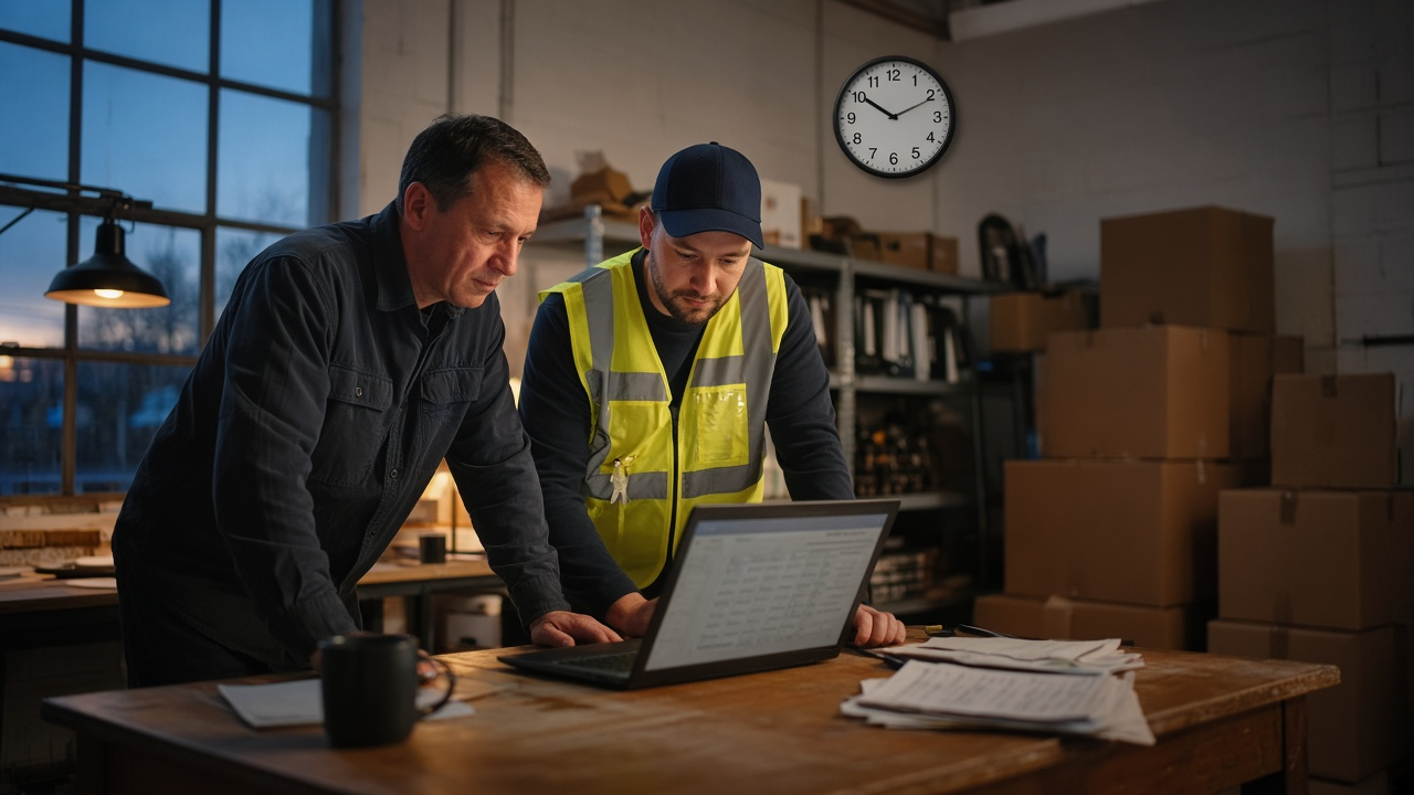 Supervisor and worker in a hi-vis vest reviewing weekly hours on a laptop in a workshop office at dusk