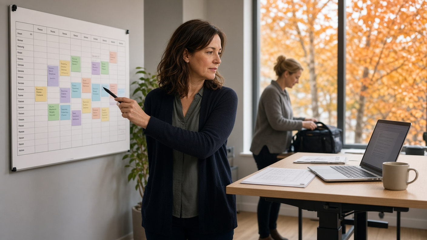 Office manager pointing at a wall planner of staff vacation days next to a laptop in a bright office in autumn