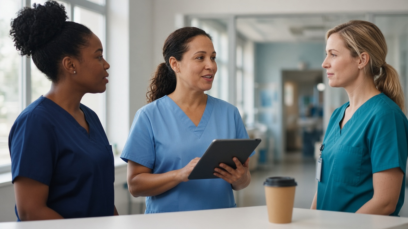 Staffing coordinator with a tablet talking with two nurses at a hospital nurses' station during shift change