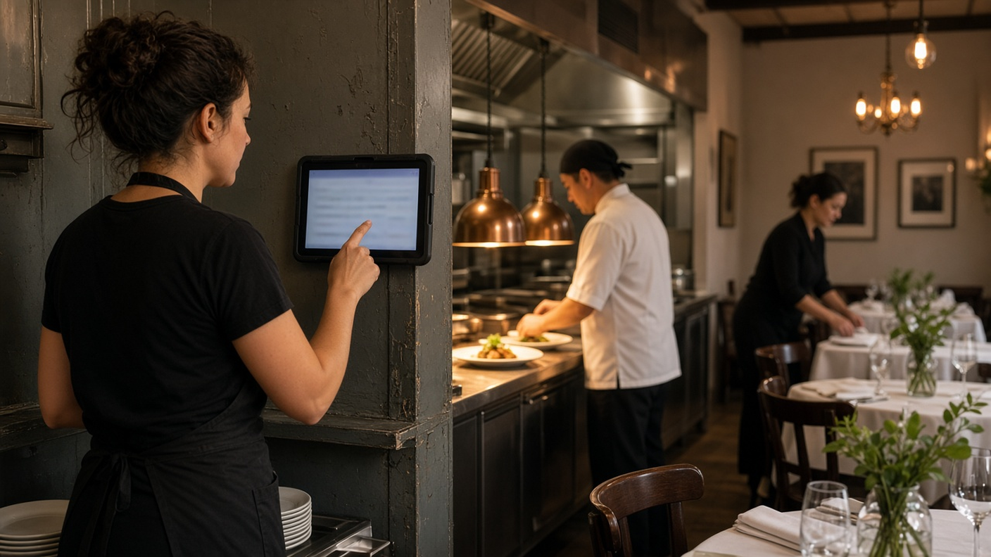 Server in a black apron clocking in on a wall-mounted tablet by the kitchen pass while a line cook plates food before dinner service