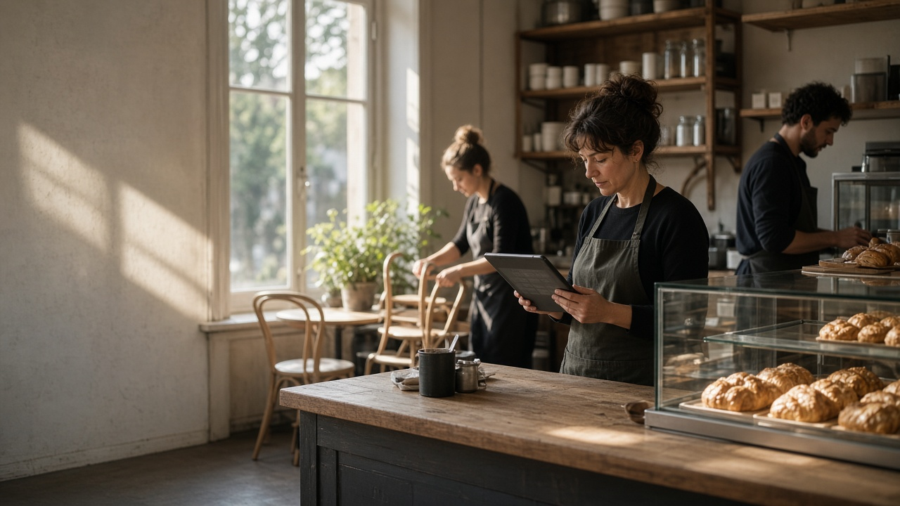 Cafe manager checking the shift schedule on a tablet while staff prep pastries and set up before opening