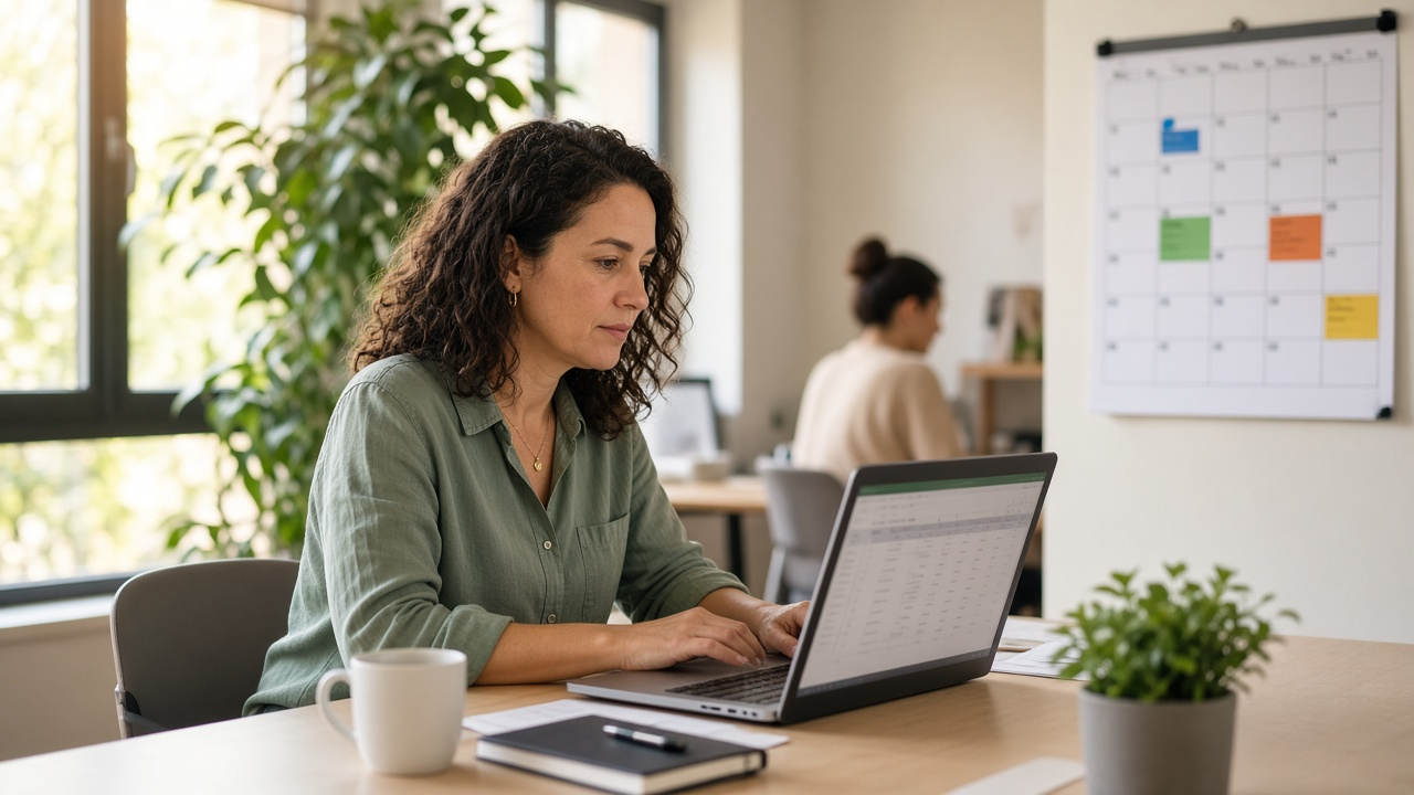 Operations manager reviewing a team time-off report on a laptop beside a wall calendar