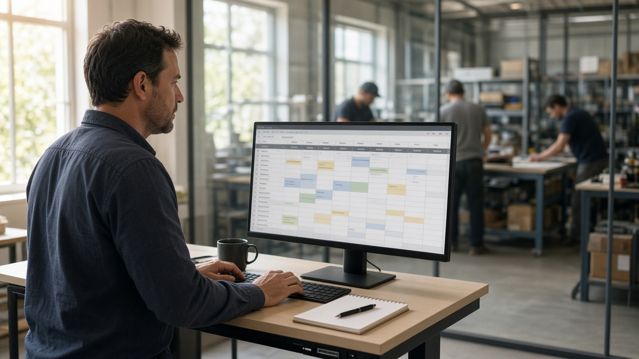 A manager reviewing the week's timesheet on a monitor, with a workshop behind them