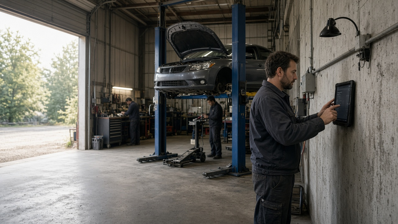 Auto technician clocking in on a wall-mounted tablet in a repair bay