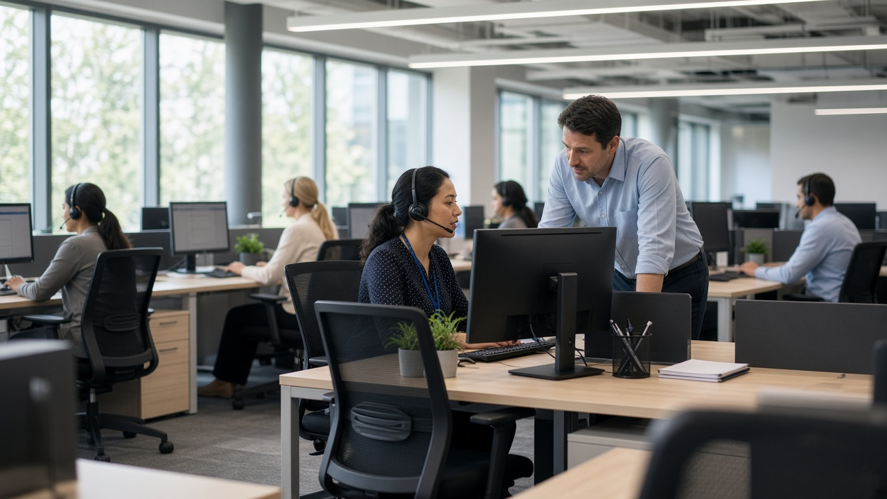 Call center agents with headsets working at their desks
