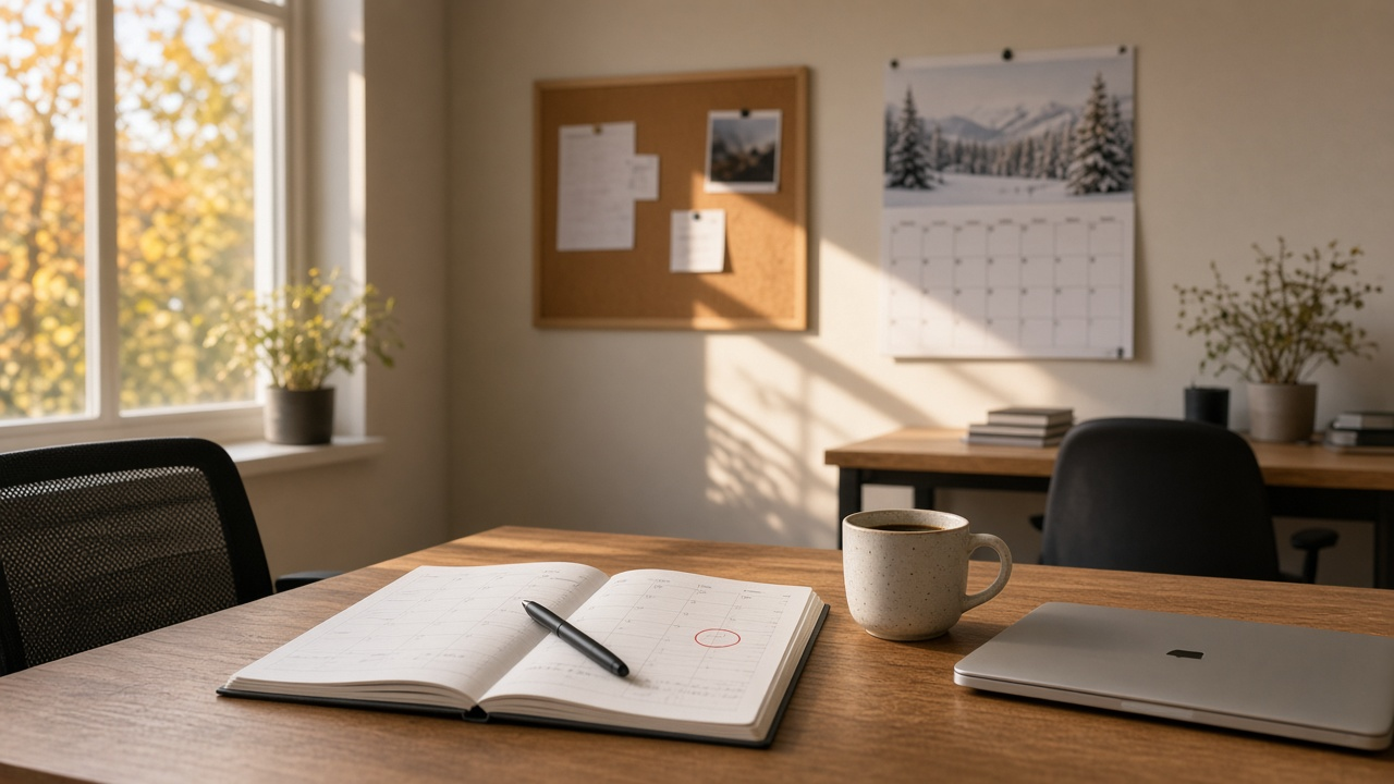 Quiet SMB office with a wall calendar and desk planner for holiday planning