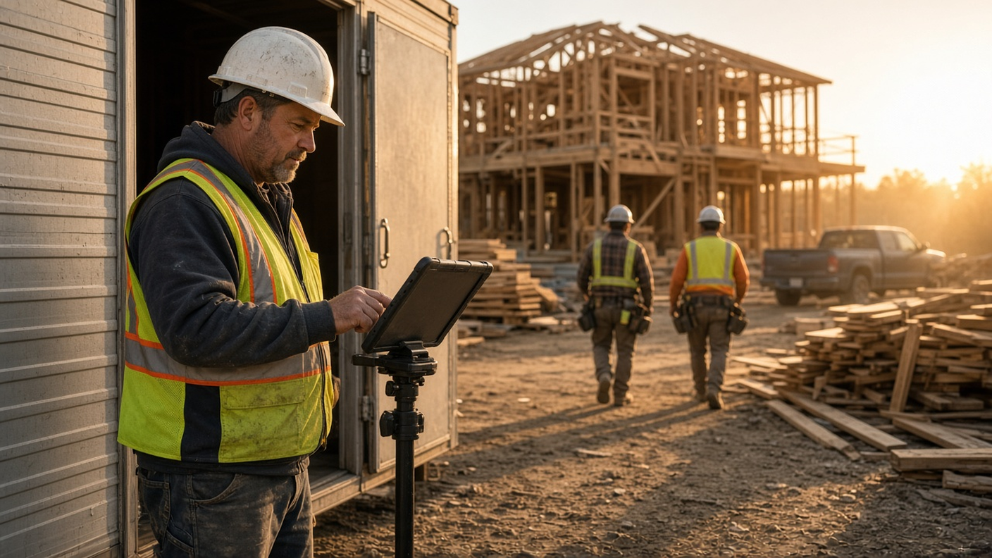 Construction foreman in a hard hat checking a tablet time clock at a job-site trailer while crew members walk toward a house frame at sunrise