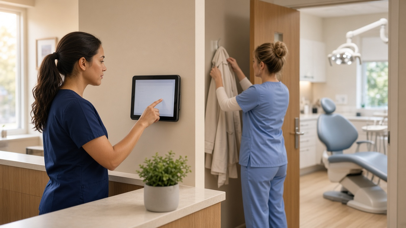 Dental hygienist in navy scrubs clocking in on a wall-mounted tablet near the staff entrance while a dental assistant hangs up her coat, with a treatment room behind them
