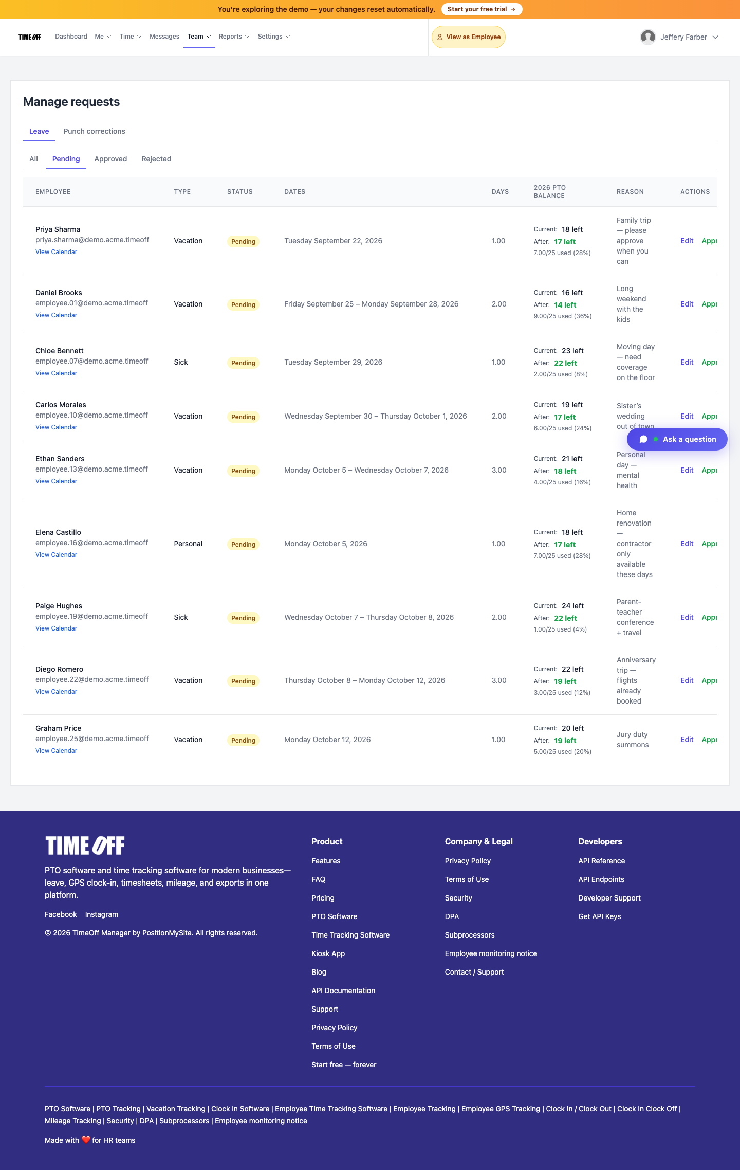 TimeOff Manager leave requests and approvals with time tracking