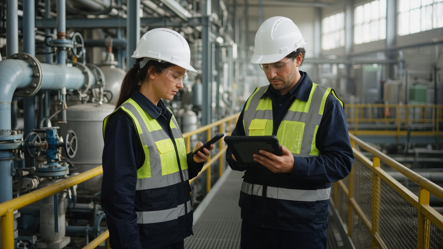 Field engineer in a hard hat and safety vest checking a phone at an industrial plant while a colleague reviews drawings on a tablet
