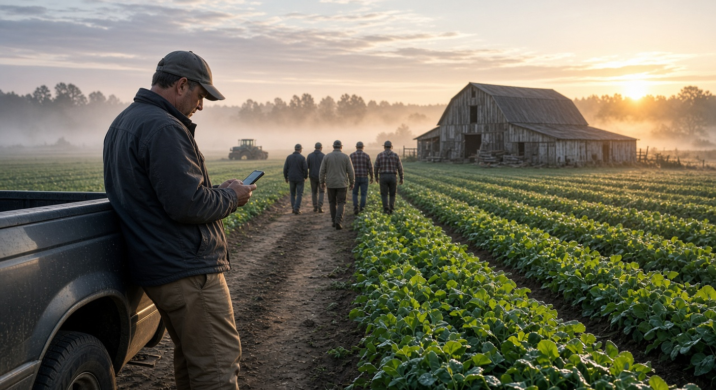 Farm manager at sunrise checking a phone while crew walk toward a barn