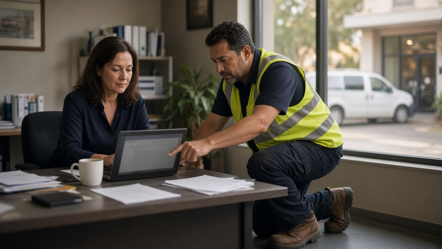Operations manager at an office desk reviewing the week's time cards on a laptop while a crew lead in a high-visibility vest points at the screen