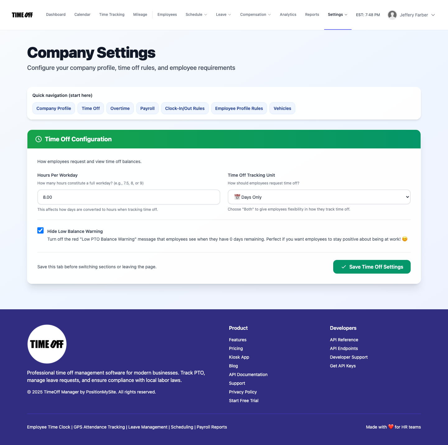 TimeOff Manager Company Settings Time Off Configuration showing Hours Per Workday and Time Off Tracking Unit