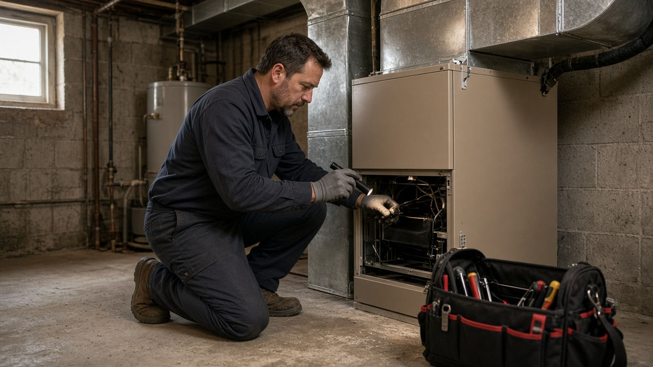 HVAC technician servicing a residential furnace in a basement utility room