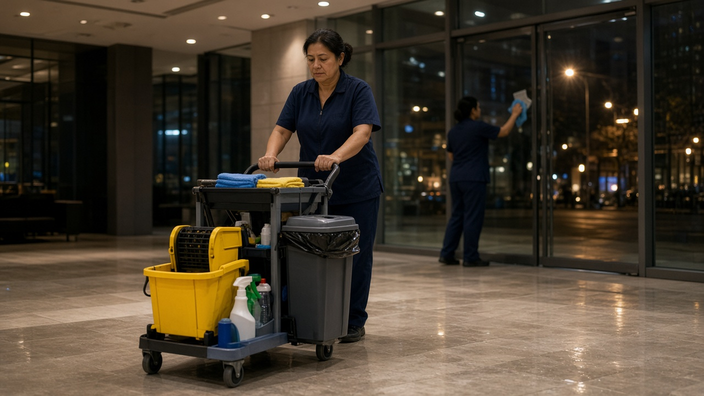 Commercial cleaner in a uniform pushing a janitorial cart through a quiet office building lobby at night, with a mop bucket and supplies on the cart