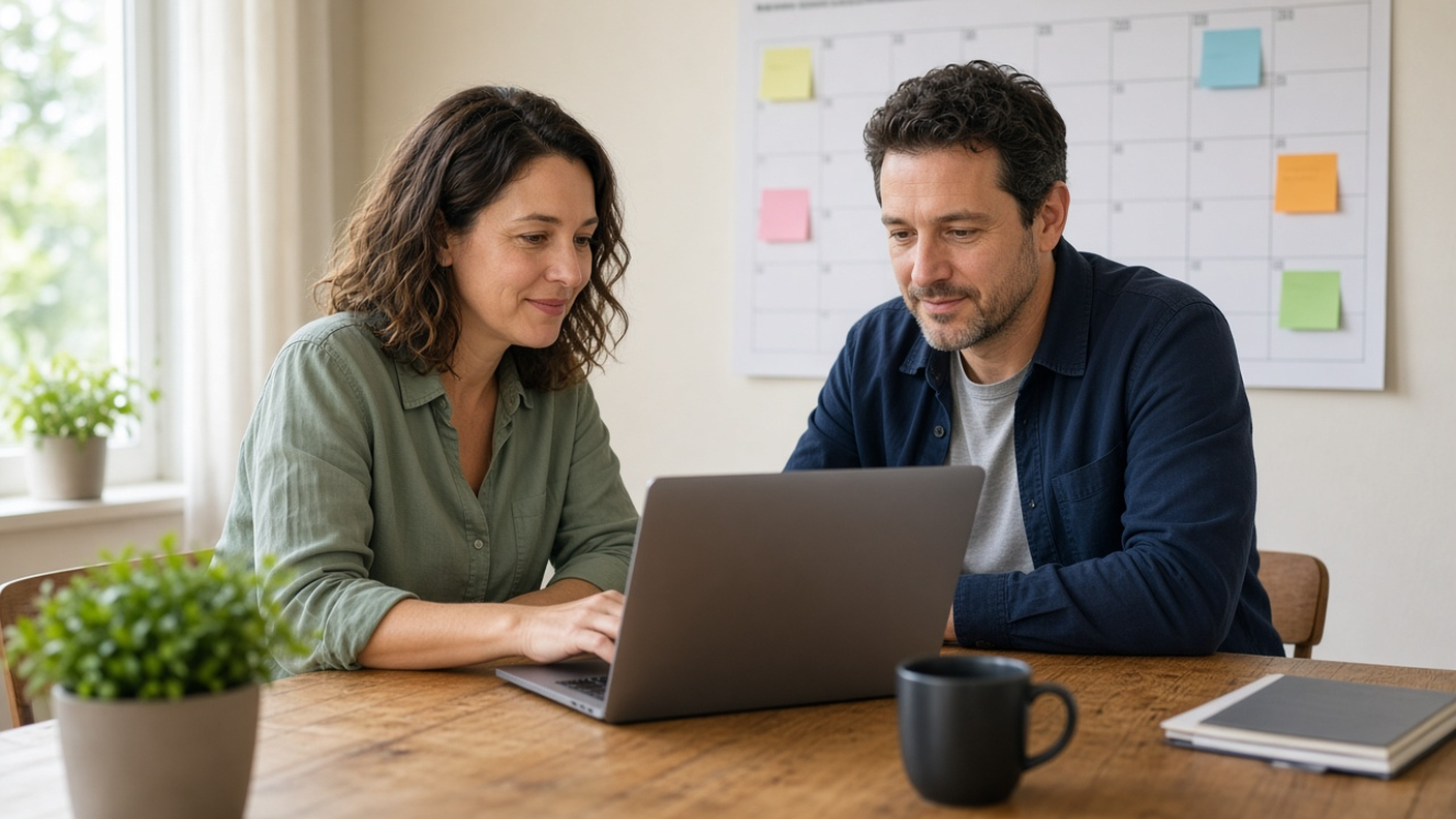 Small business owner and HR manager planning team vacation schedules on a laptop in a bright office