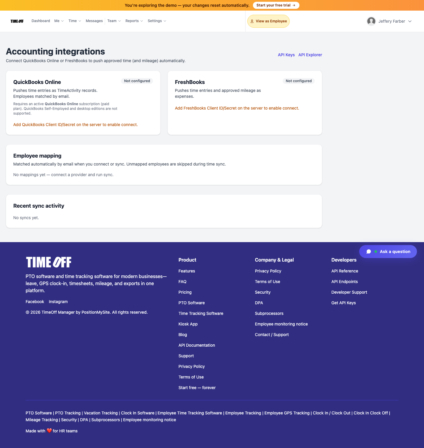 TimeOff Manager Accounting integrations — QuickBooks Online and FreshBooks