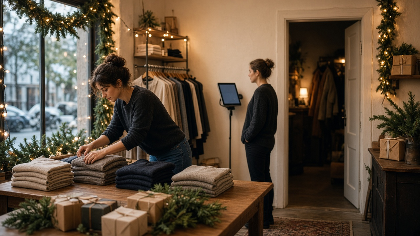 Two retail associates in a small clothing boutique decorated for the holidays, one folding sweaters on a display table and one near a tablet stand by the back-room door