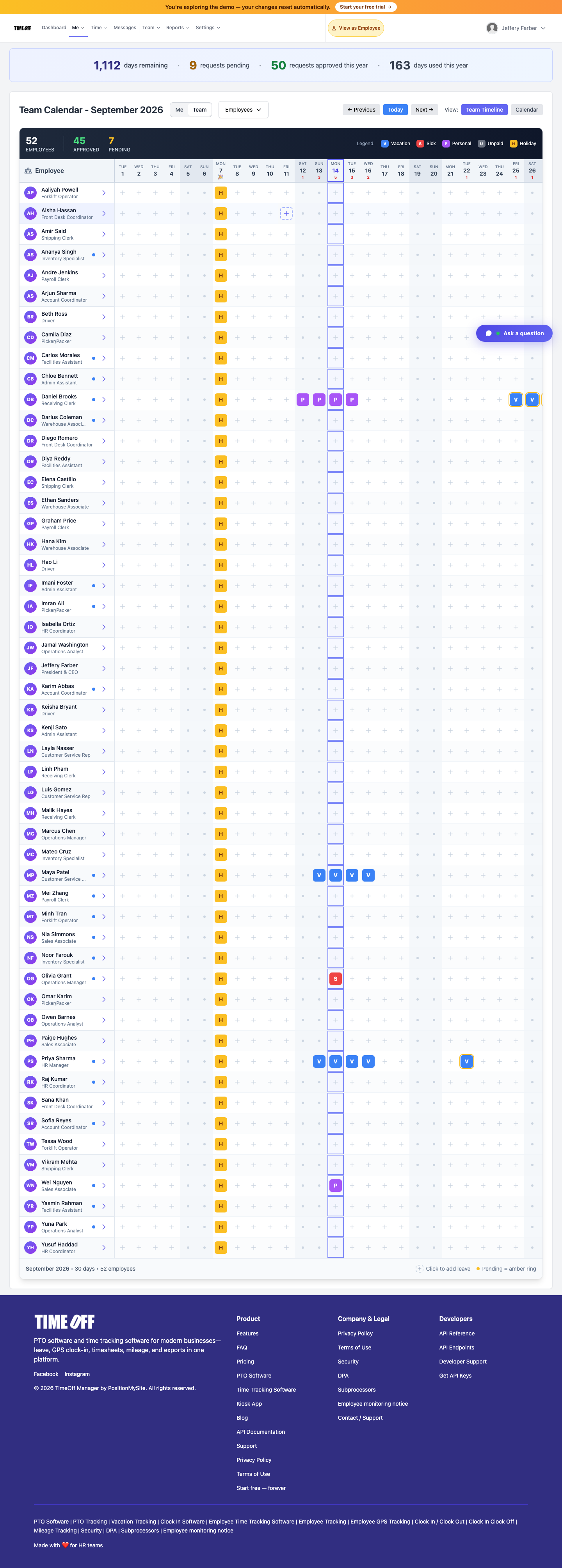 TimeOff Manager Team Leave Calendar coverage timeline with employee rows and leave codes