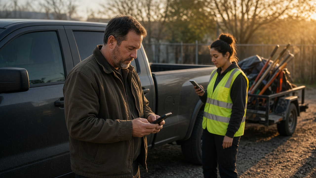 Small business owner checking a time off request on his phone while a crew member waits in the equipment yard