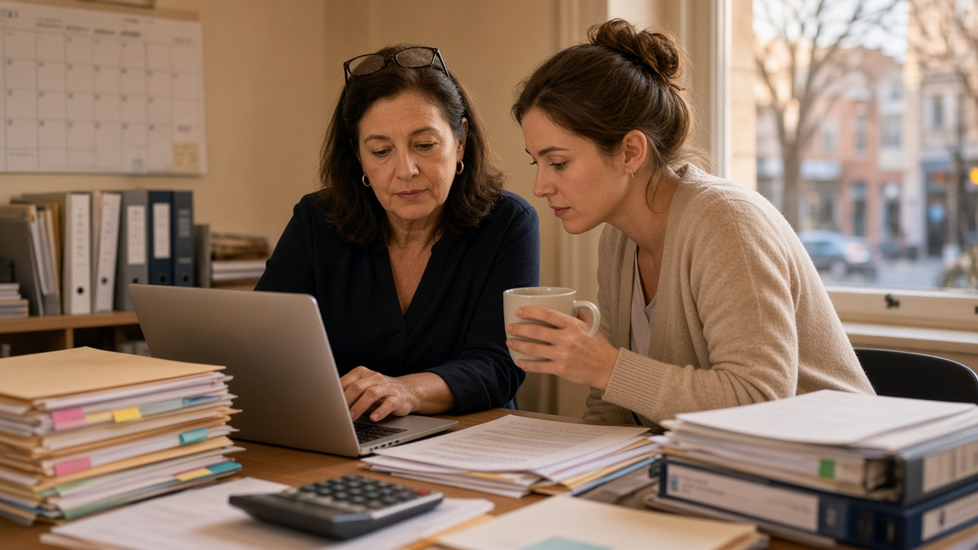 Accounting firm manager and a staff accountant reviewing the week's hours on a laptop in a small office during tax season, with binders and paperwork on the desk