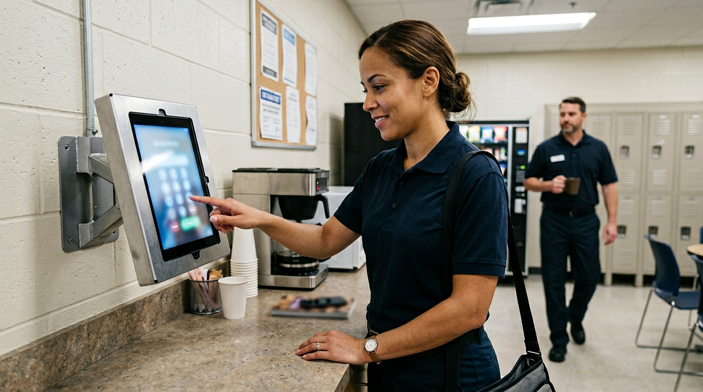 Worker entering a PIN on a wall-mounted tablet time clock kiosk in a workplace break area